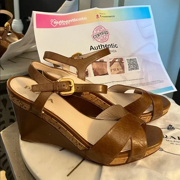 Prada, size 37.5 EU (7 US), Tan Leather Wedge Sandals, w/ Prada dust bag & COA - Picture 8 of 12